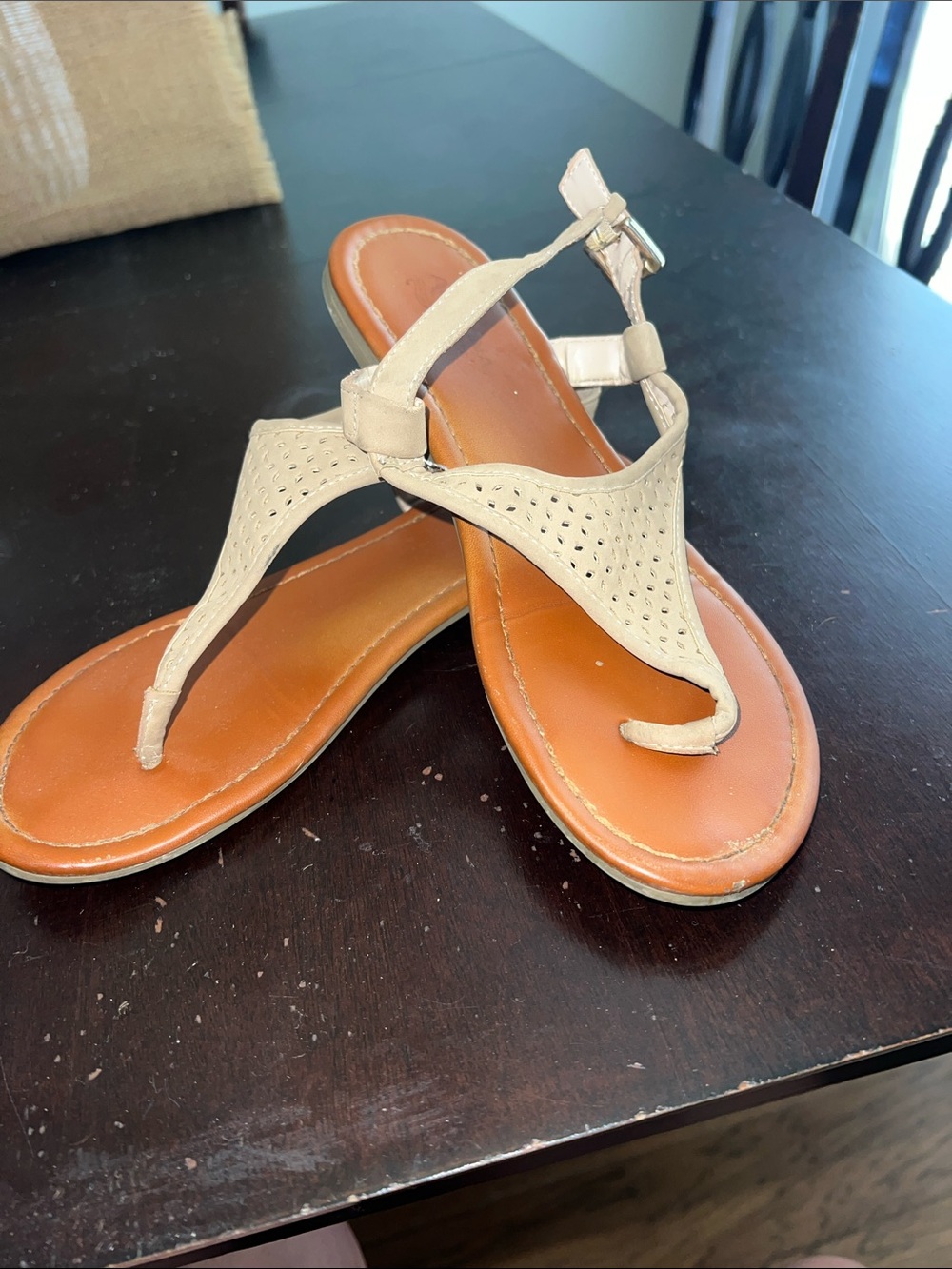 Women’s Beige Perforated T-Strap Sandals with Adjustable Ankle Strap